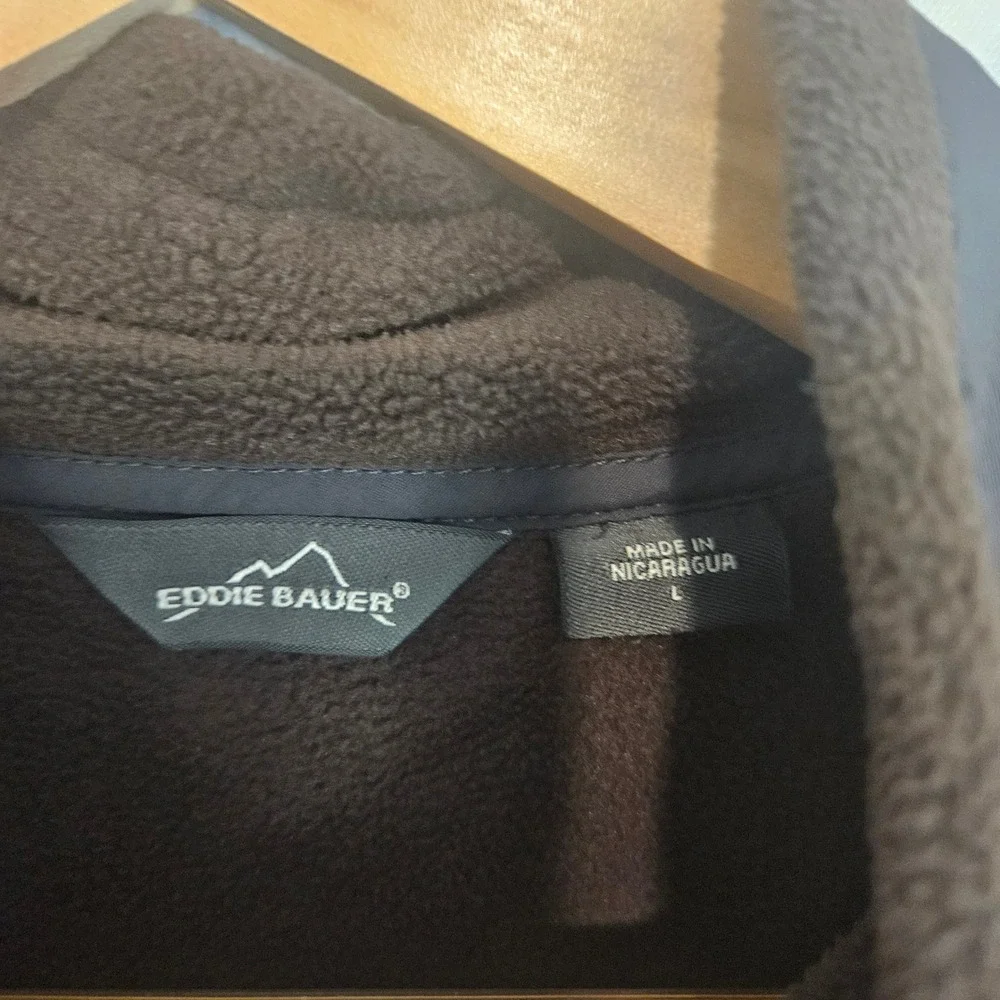 Eddie Bauer Mens Full Zip Fleece Jacket Brown Gray Woven Overlay Large 7862